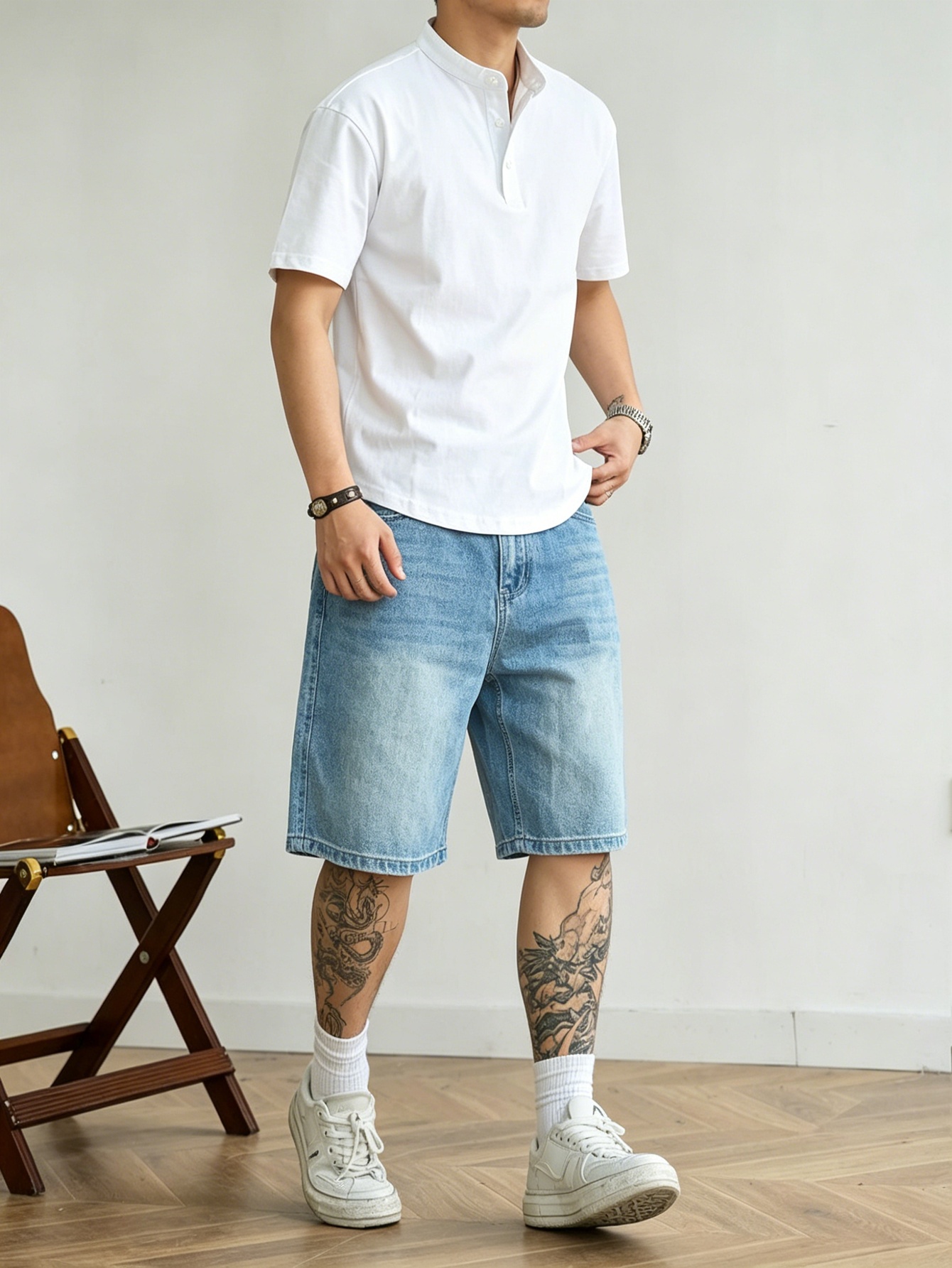 Korean Men Lifestyle - Jorts en denim bleu coupe ample